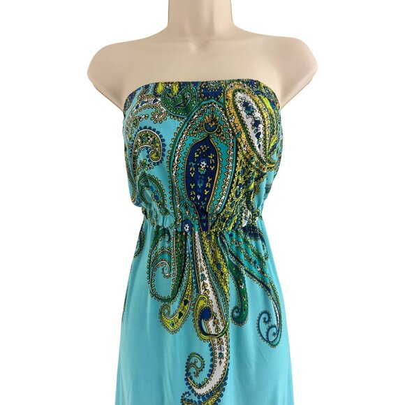 Bisou Bisou Blue Green Paisley Print Strapless Blouson Maxi Dress Size 10 Summer - Picture 2 of 5